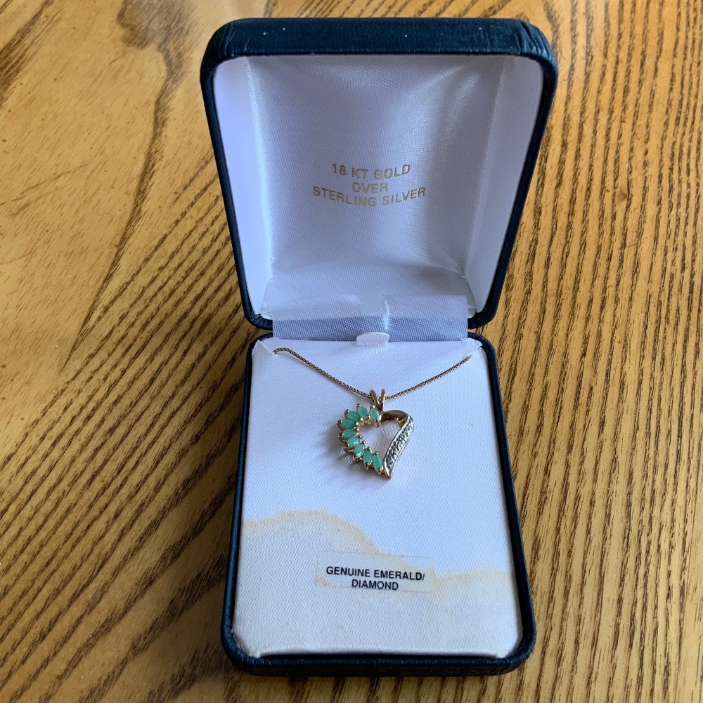 Emerald & Diamond Heart Necklace 18KT Gold Over Sterling Silver - Picture 2 of 7